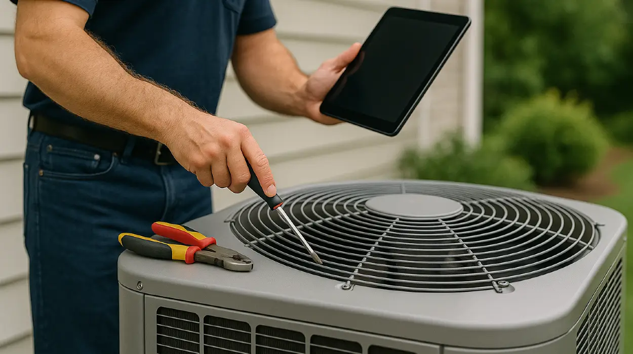 2 hvac technicians replacing a filter of an outside ac unit from Austin Air Conditioning Repair in Austin, TX - AC Compressor Repair