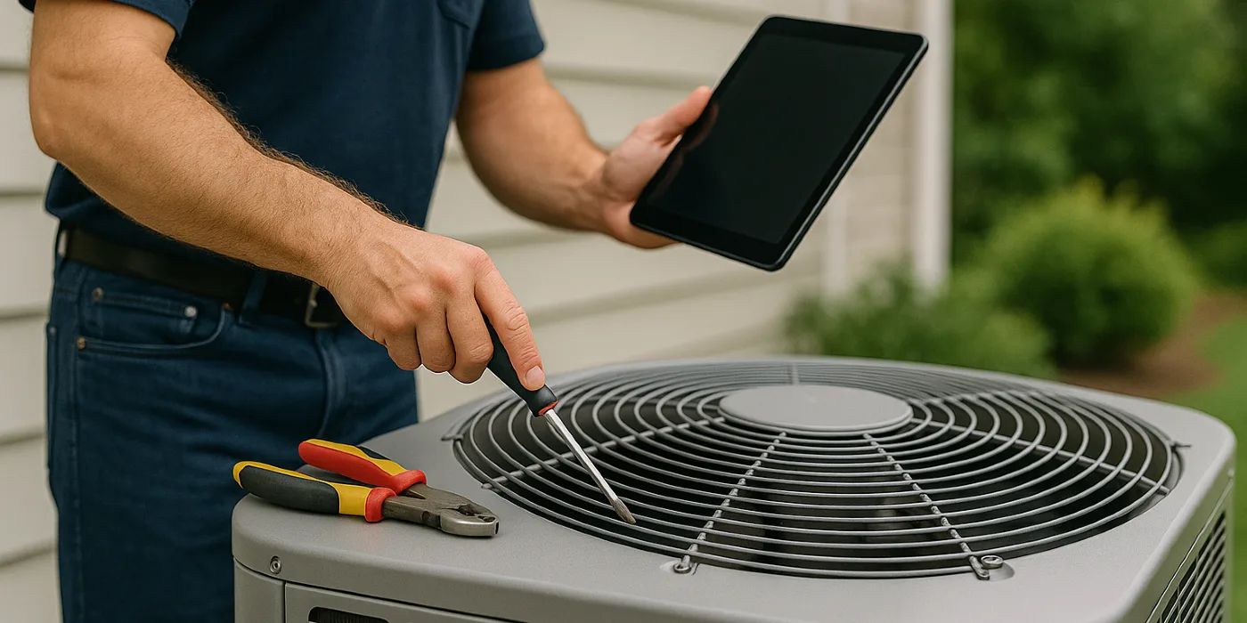 2 hvac technicians replacing a filter of an outside ac unit from Austin Air Conditioning Repair in Austin, TX - AC Compressor Repair