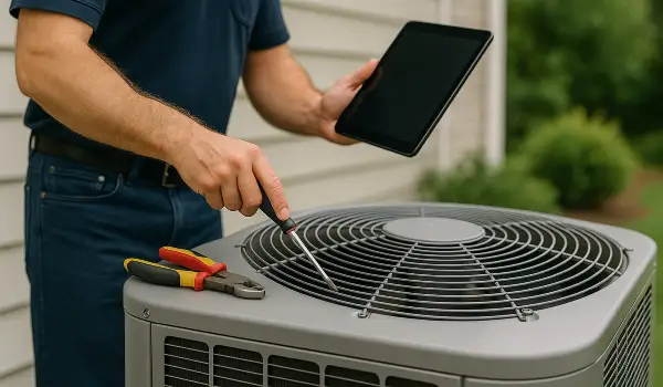 2 hvac technicians replacing a filter of an outside ac unit from Austin Air Conditioning Repair in Austin, TX - AC Compressor Repair