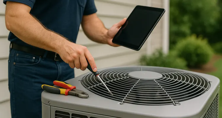 2 hvac technicians replacing a filter of an outside ac unit from Austin Air Conditioning Repair in Austin, TX - AC Compressor Repair