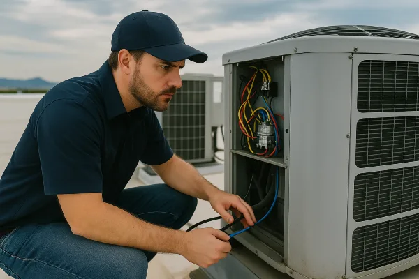 a male hvac technician checking a commercial ac unit on the roof of the building from Austin Air Conditioning Repair in Austin, TX - AC Compressor Repair