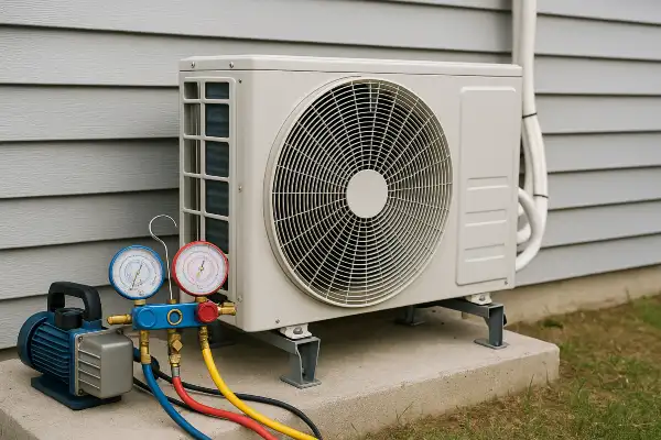 an ac unit outside with an ac manifold gauge next to it from Austin Air Conditioning Repair in Austin, TX - AC Compressor Repair