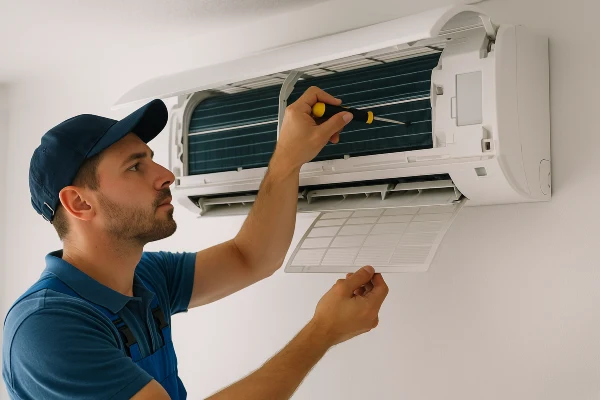 an hvac technician checking a mini split ac from Austin Air Conditioning Repair in Austin, TX - AC Compressor Repair