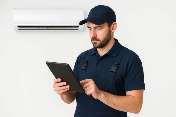 an hvac technician with an ipad filling out a report from Austin Air Conditioning Repair in Austin, TX - AC Compressor Repair