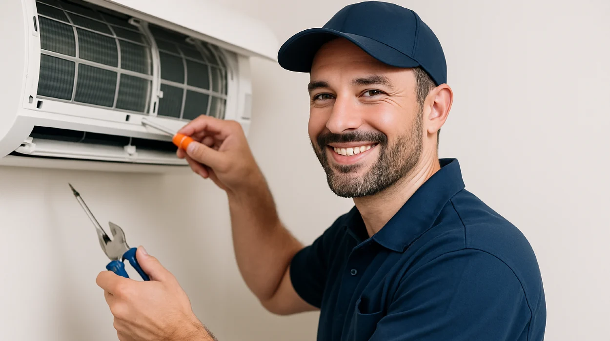 a male hvac techinican using a screwdriver to open a mini split unit and smiling at the camera from Austin Air Conditioning Repair in Austin, TX - AC Evaporator Cleaning