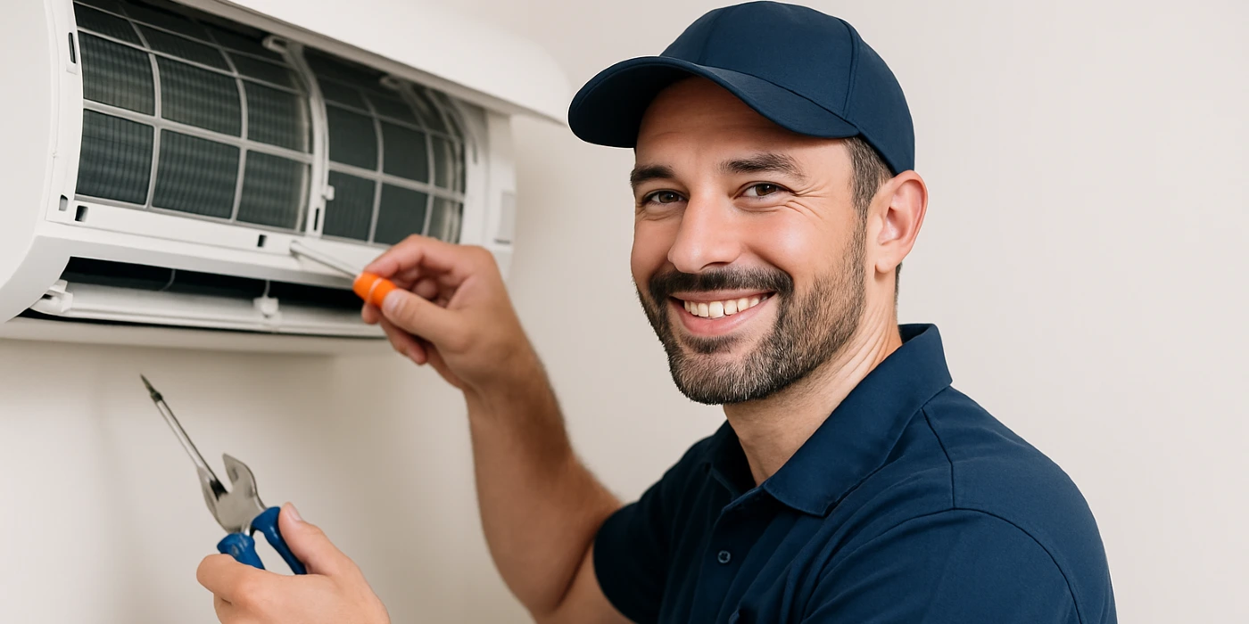 a male hvac techinican using a screwdriver to open a mini split unit and smiling at the camera from Austin Air Conditioning Repair in Austin, TX - AC Evaporator Cleaning