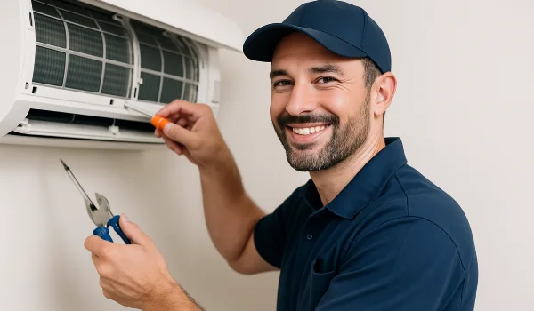 a male hvac techinican using a screwdriver to open a mini split unit and smiling at the camera from Austin Air Conditioning Repair in Austin, TX - AC Evaporator Cleaning