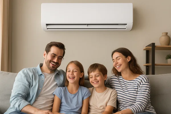 a family on a couch enjoying the cool air coming from a mini split AC unit from Austin Air Conditioning Repair in Austin, TX - AC Evaporator Cleaning