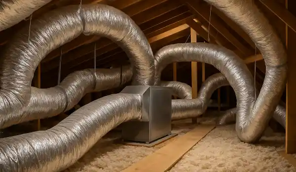 traditional AC ducts installed in the attic of a house from Austin Air Conditioning Repair in Austin, TX - AC Unit Maintenance