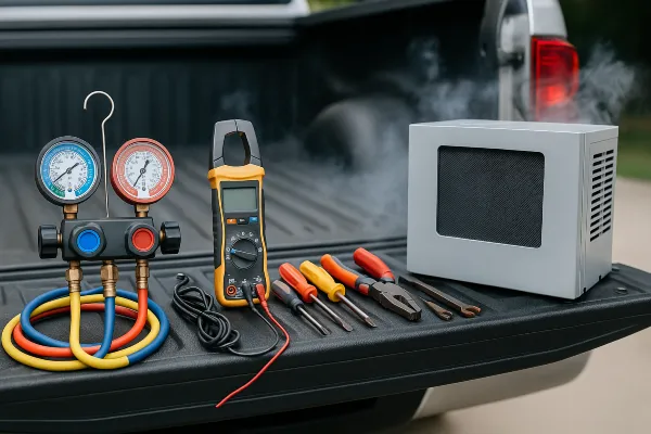 AC tools on the tailgate of a truck from Austin Air Conditioning Repair in Austin, TX - AC Unit Maintenance