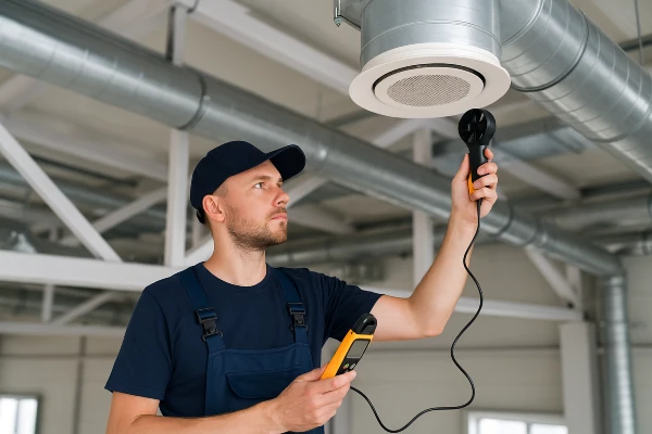 a male hvac technician measuring the temperature with a device from Austin Air Conditioning Repair in Austin, TX - Air Conditioner Installation