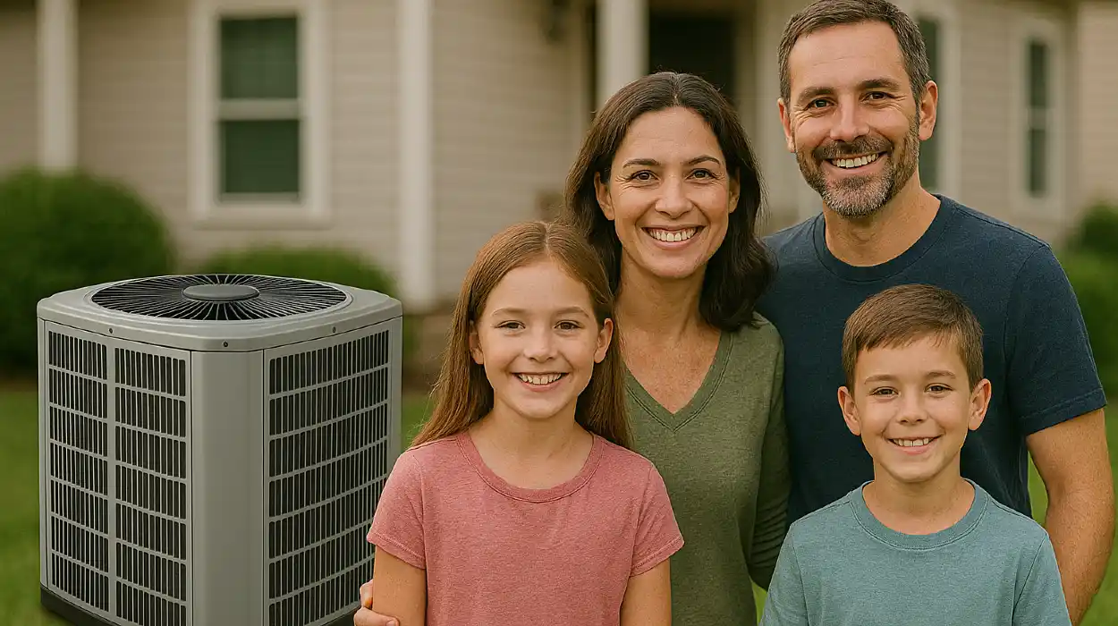a family outside the house smiling at the camera with a new AC unit next to them from Austin Air Conditioning Repair in Austin, TX - Austin Air Conditioning Service