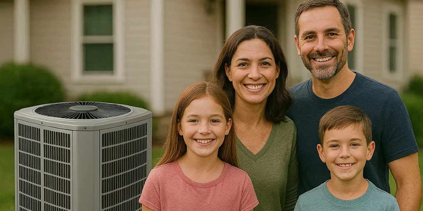 a family outside the house smiling at the camera with a new AC unit next to them from Austin Air Conditioning Repair in Austin, TX - Austin Air Conditioning Service