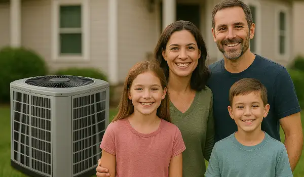 a family outside the house smiling at the camera with a new AC unit next to them from Austin Air Conditioning Repair in Austin, TX - Austin Air Conditioning Service