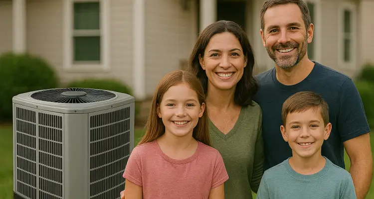 a family outside the house smiling at the camera with a new AC unit next to them from Austin Air Conditioning Repair in Austin, TX - Austin Air Conditioning Service