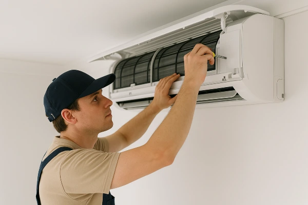 a male hvac technician checking a mini split AC unit from Austin Air Conditioning Repair in Austin, TX - Austin Air Conditioning Service