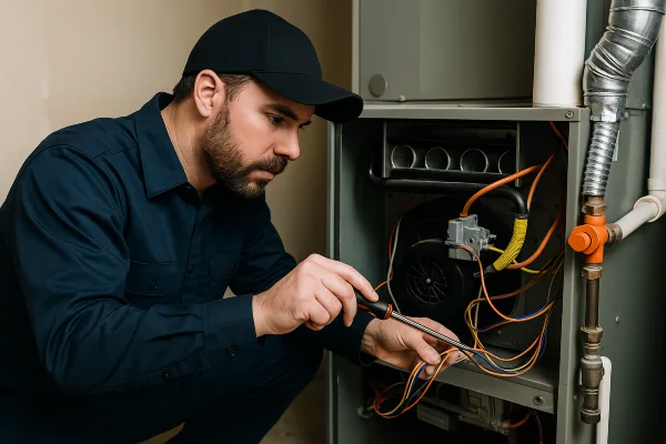 a male hvac technician checking a furnace wiring from Austin Air Conditioning Repair in Austin, TX - Cleaning Air Conditioner Coils