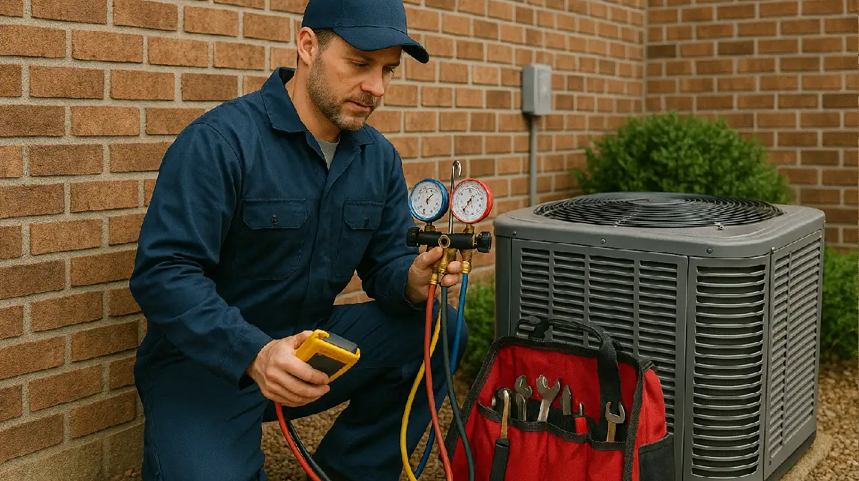 an hvac technician with his tools checking an outside ac unite from Austin Air Conditioning Repair in Austin, TX - Ductless AC System