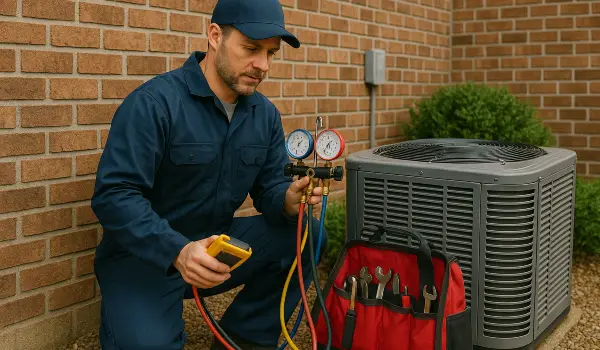 an hvac technician with his tools checking an outside ac unite from Austin Air Conditioning Repair in Austin, TX - Ductless AC System