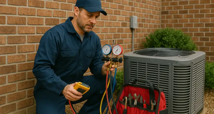 an hvac technician with his tools checking an outside ac unite from Austin Air Conditioning Repair in Austin, TX - Ductless AC System