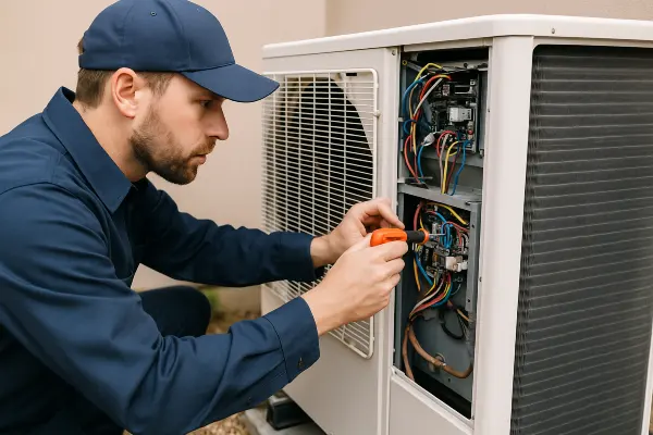 an hvac technician using a scredriver to check the wires of an ac unite from Austin Air Conditioning Repair in Austin, TX - Ductless AC System