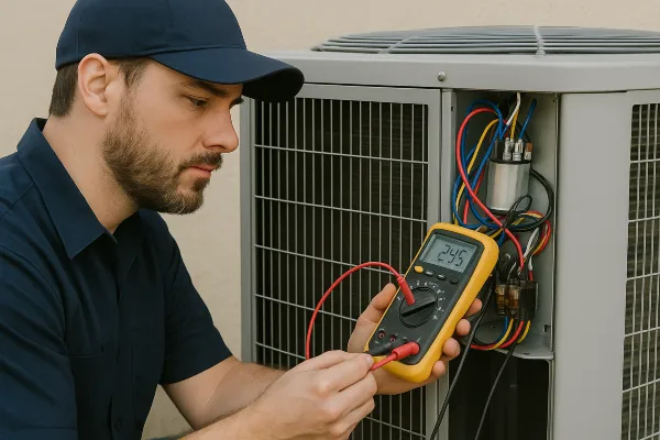 an hvac technician using a ac current meter from Austin Air Conditioning Repair in Austin, TX - Ductless AC System