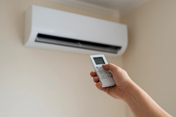 the hand of a person using an AC control remote to adjust the temperature from Austin Air Conditioning Repair in Austin, TX - Ductless AC System