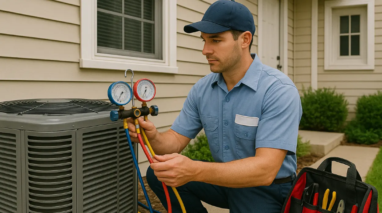 an hvac technician in uniform using the manifold gauge to test an ac unit from Austin Air Conditioning Repair in Austin, TX - Emergency AC Repair Near Me