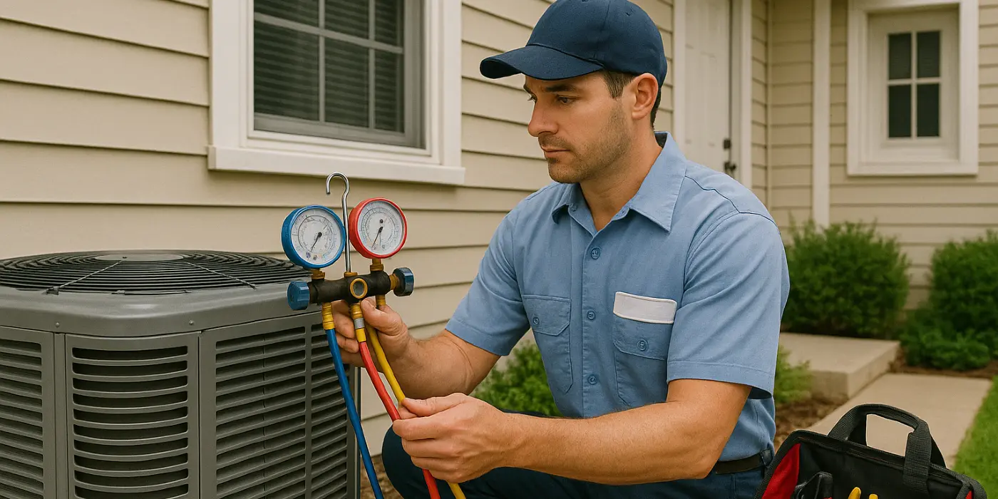 an hvac technician in uniform using the manifold gauge to test an ac unit from Austin Air Conditioning Repair in Austin, TX - Emergency AC Repair Near Me