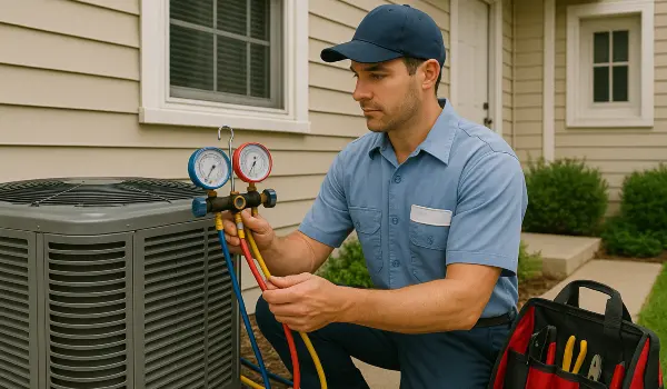 an hvac technician in uniform using the manifold gauge to test an ac unit from Austin Air Conditioning Repair in Austin, TX - Emergency AC Repair Near Me