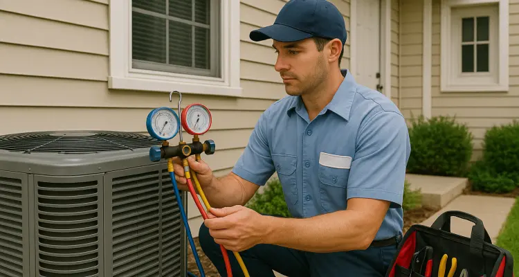 an hvac technician in uniform using the manifold gauge to test an ac unit from Austin Air Conditioning Repair in Austin, TX - Emergency AC Repair Near Me