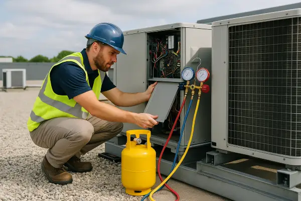 an hvac technician using a small freon tank to refill an ac unit from Austin Air Conditioning Repair in Austin, TX - Emergency AC Repair Near Me