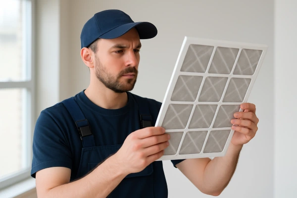 an hvac technician holding and checking an ac filter from Austin Air Conditioning Repair in Austin, TX - Emergency AC Repair Near Me