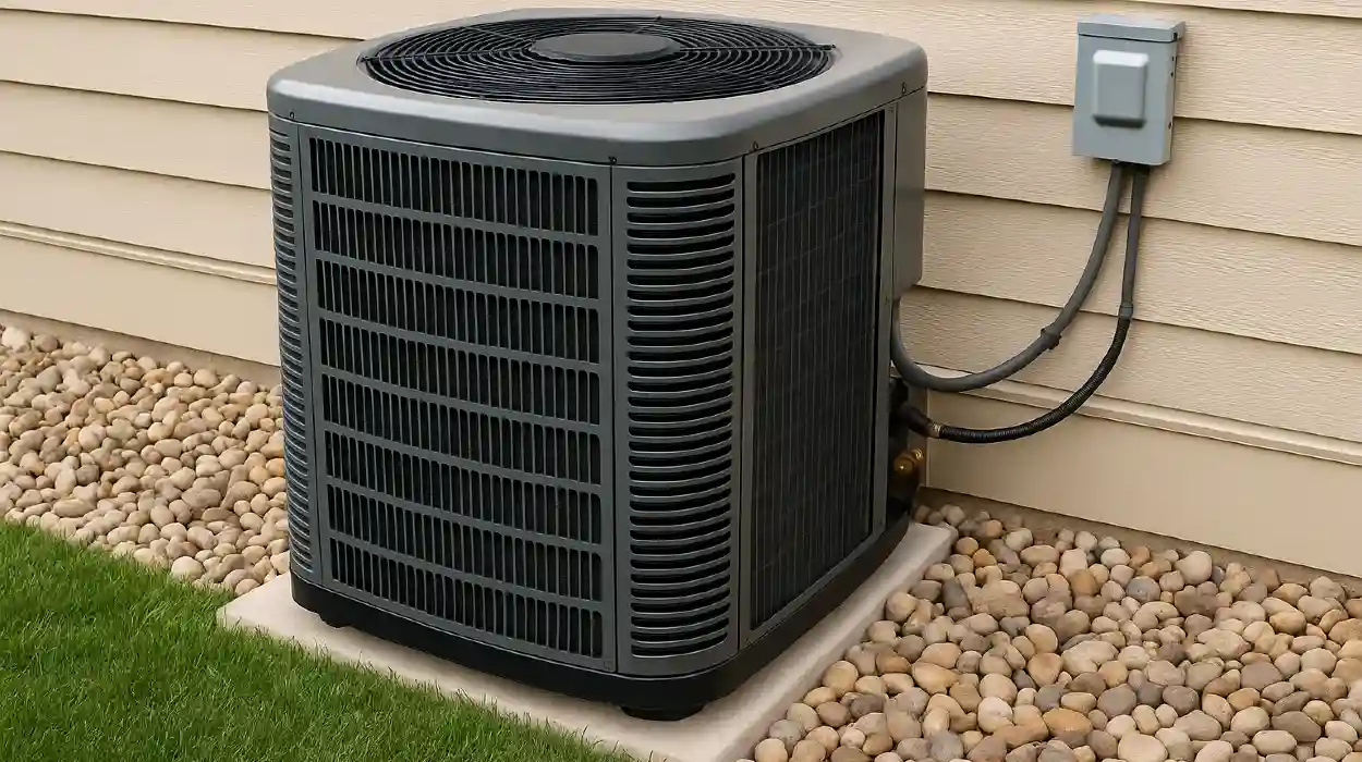 a brand new AC unit outside on a concrete slab from Austin Air Conditioning Repair in Austin, TX - HVAC Company Near Me