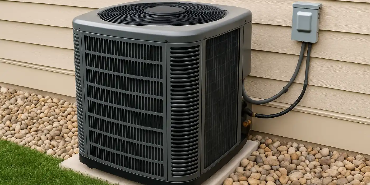 a brand new AC unit outside on a concrete slab from Austin Air Conditioning Repair in Austin, TX - HVAC Company Near Me