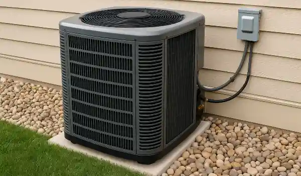 a brand new AC unit outside on a concrete slab from Austin Air Conditioning Repair in Austin, TX - HVAC Company Near Me