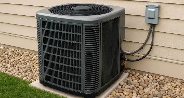 a brand new AC unit outside on a concrete slab from Austin Air Conditioning Repair in Austin, TX - HVAC Company Near Me