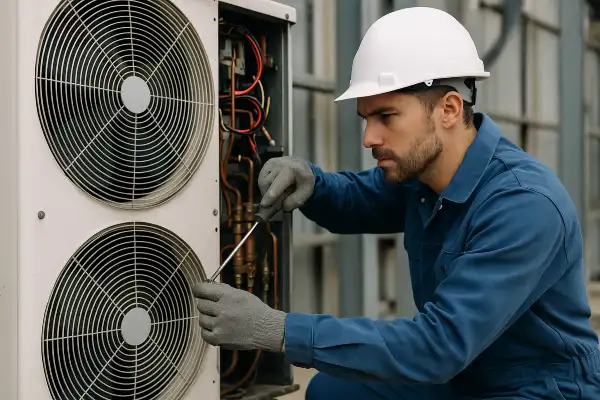 a male hvac technician using a scredriver to open an AC unit from Austin Air Conditioning Repair in Austin, TX - HVAC Company Near Me