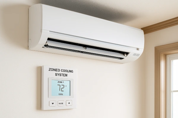 a mini split AC unit mounted on a wall and the thermostat below it from Austin Air Conditioning Repair in Austin, TX - HVAC Company Near Me
