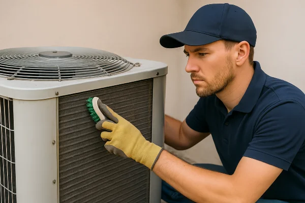 a male hvac technician cleaning the coils of an old AC unit from Austin Air Conditioning Repair in Austin, TX - HVAC Company Near Me