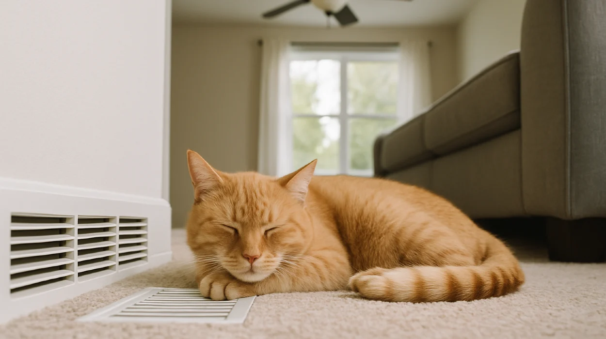an orange cat laying on the carpet next to an AC vent from Austin Air Conditioning Repair in Austin, TX - HVAC Emergency Repair