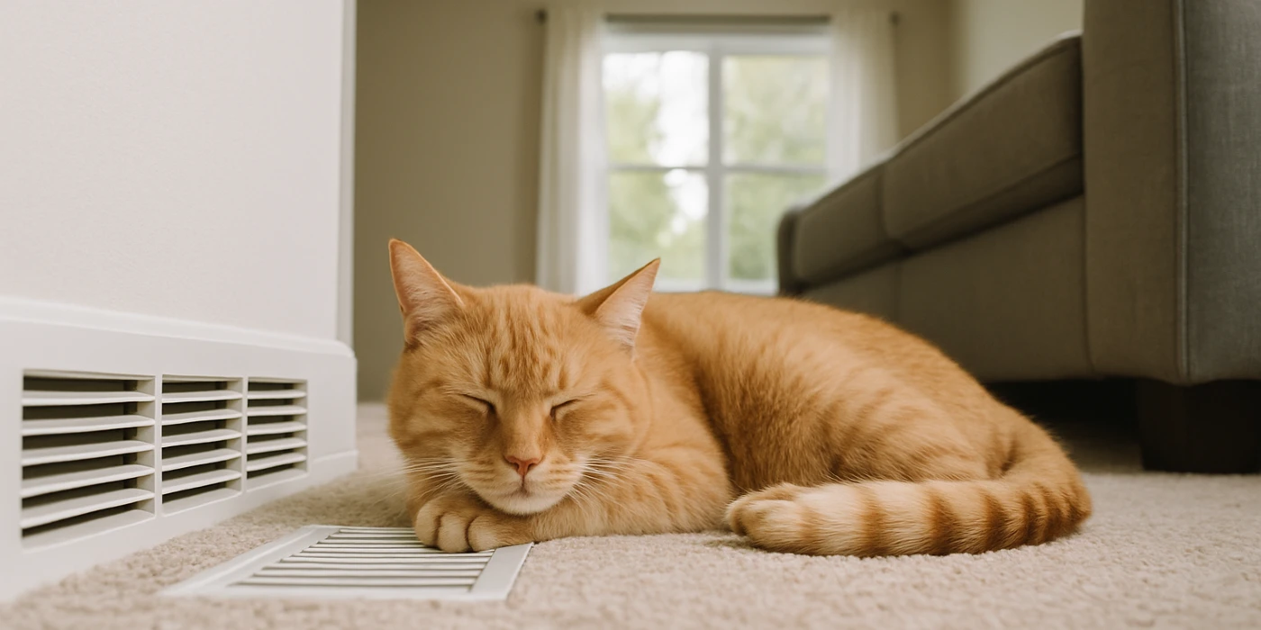 an orange cat laying on the carpet next to an AC vent from Austin Air Conditioning Repair in Austin, TX - HVAC Emergency Repair
