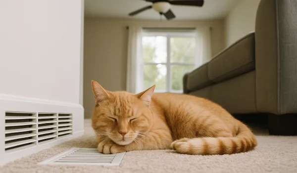 an orange cat laying on the carpet next to an AC vent from Austin Air Conditioning Repair in Austin, TX - HVAC Emergency Repair