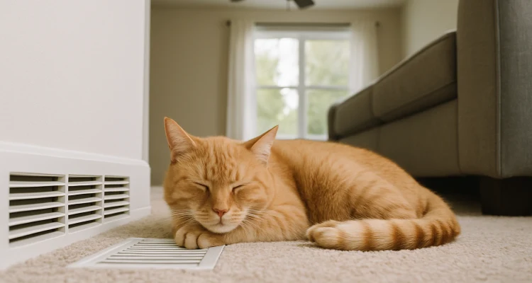 an orange cat laying on the carpet next to an AC vent from Austin Air Conditioning Repair in Austin, TX - HVAC Emergency Repair