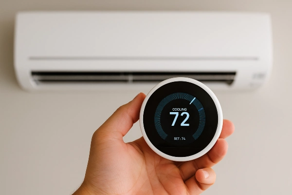 a hand holding a thermostat showing 72 degree cooling from Austin Air Conditioning Repair in Austin, TX - HVAC Emergency Repair