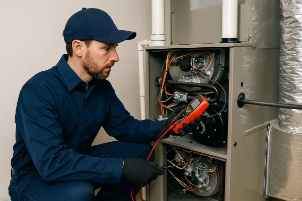 a male hvac technician using a current meter on a furnace unit from Austin Air Conditioning Repair in Austin, TX - HVAC Emergency Repair