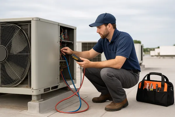 a male hvac technician on the roof checking an AC unit from Austin Air Conditioning Repair in Austin, TX - HVAC Emergency Repair