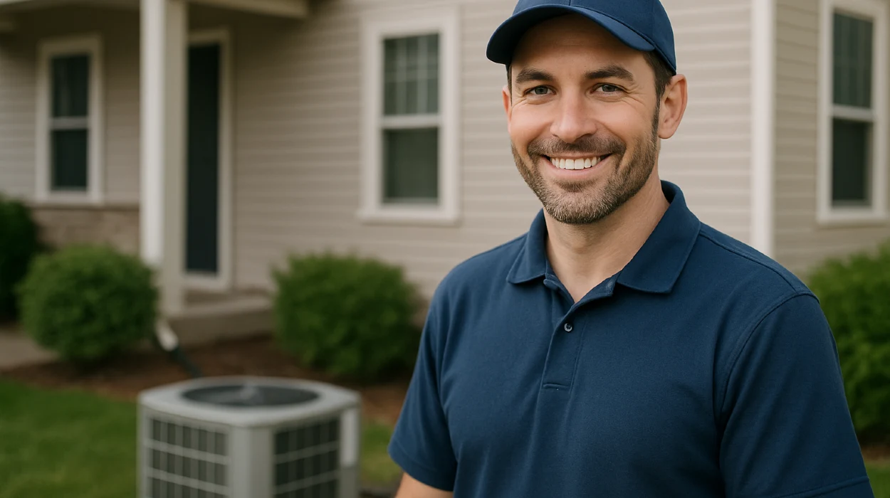 an hvac technician on the front porch smiling at the camera and an AC unit next to him from Austin Air Conditioning Repair in Austin, TX - HVAC Replacement