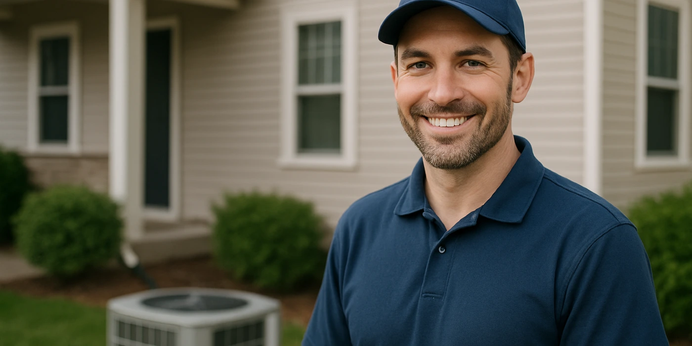 an hvac technician on the front porch smiling at the camera and an AC unit next to him from Austin Air Conditioning Repair in Austin, TX - HVAC Replacement