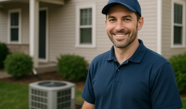 an hvac technician on the front porch smiling at the camera and an AC unit next to him from Austin Air Conditioning Repair in Austin, TX - HVAC Replacement